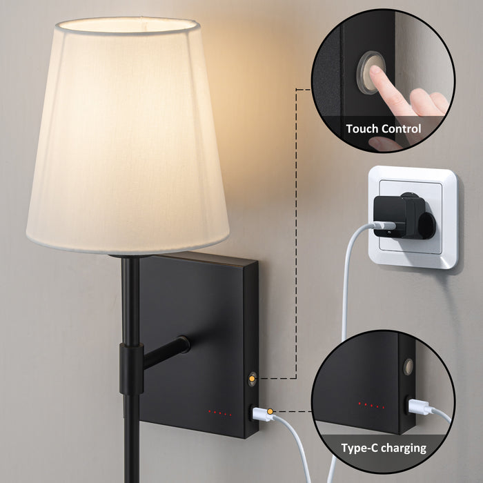 Rechargeable Dimmable Black Wall Lamp with Fabric Shade and LED bulb Included (2-Pack)