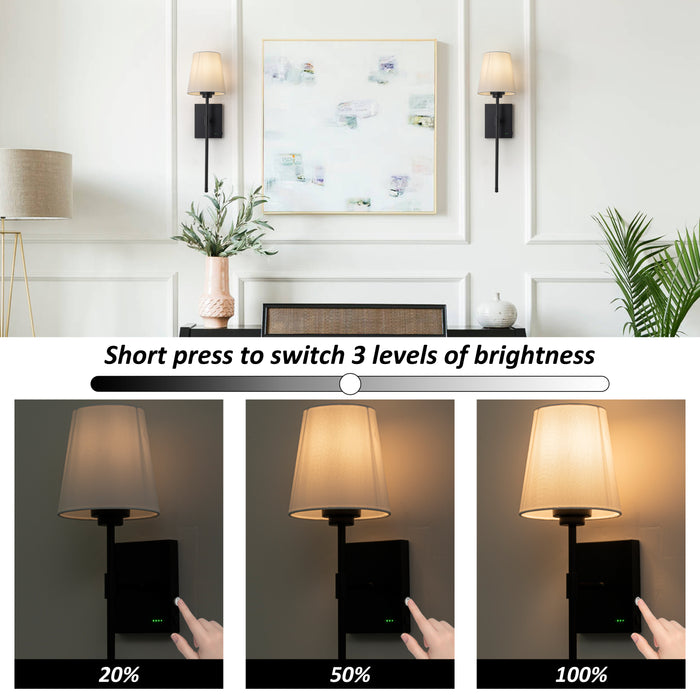 Rechargeable Dimmable Black Wall Lamp with Fabric Shade and LED bulb Included (2-Pack)