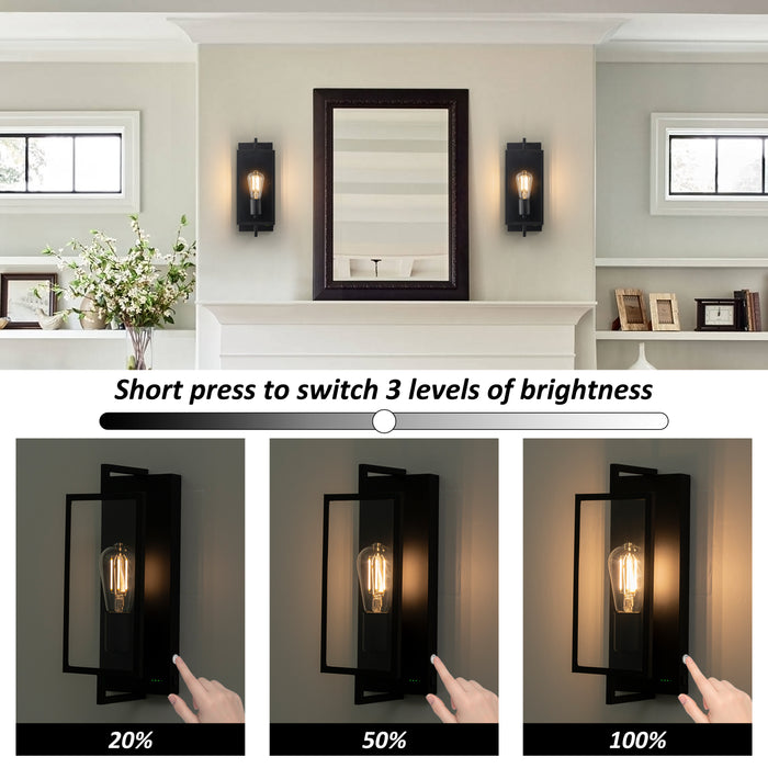 2 Pack Matte Black Battery Operated Rechargeable Indoor Wall Sconce Light
