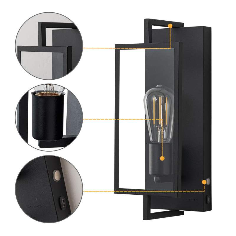 2 Pack Matte Black Battery Operated Rechargeable Indoor Wall Sconce Light