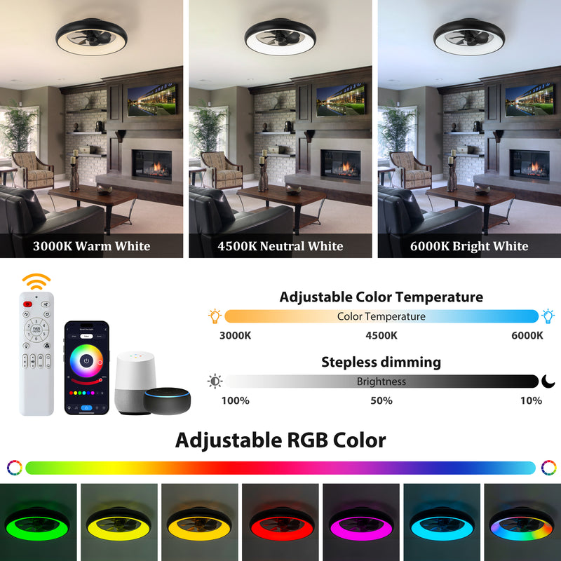 20in Dimmable LED RGB Black Smart Ceiling Fan with Light and Voice/App/Remote Control