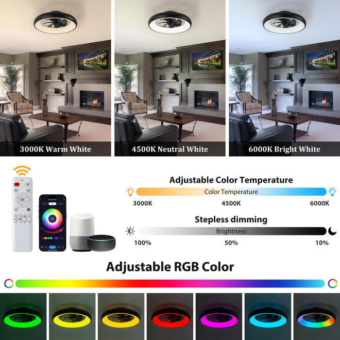 20in Dimmable LED RGB Black Smart Ceiling Fan with Light and Voice/App/Remote Control