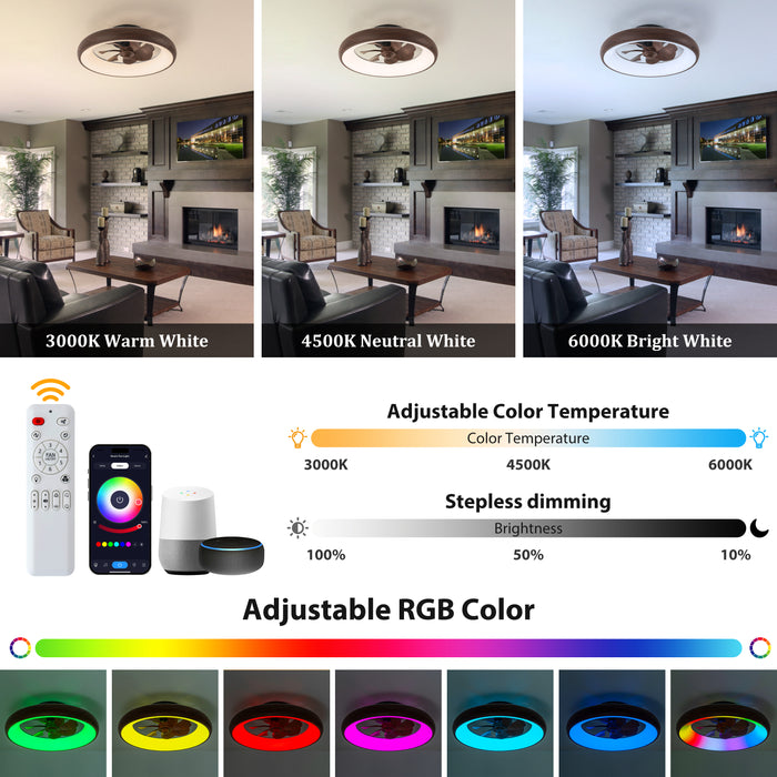 20in Dimmable LED RGB Walnut Woodgrain Smart Ceiling Fan with Light and Voice/App/Remote Control