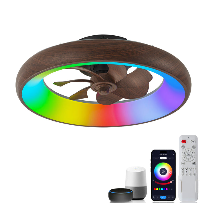 20in Dimmable LED RGB Walnut Woodgrain Smart Ceiling Fan with Light and Voice/App/Remote Control