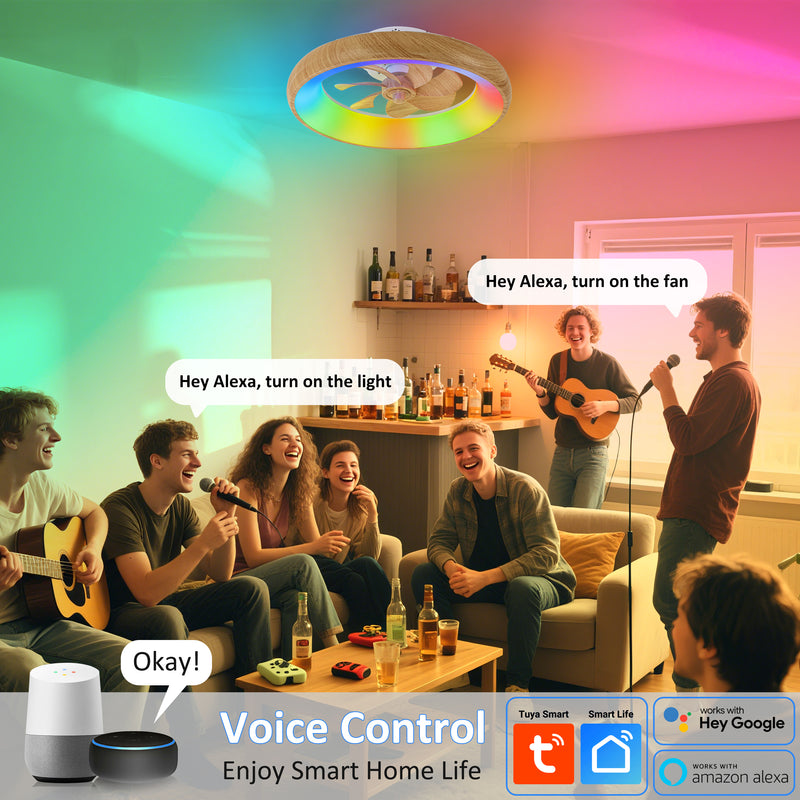 20in Dimmable LED RGB Woodgrain Smart Ceiling Fan with Light and Voice/App/Remote Control