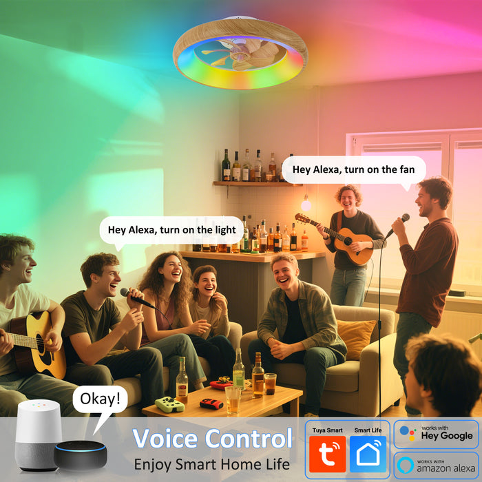 20in Dimmable LED RGB Woodgrain Smart Ceiling Fan with Light and Voice/App/Remote Control