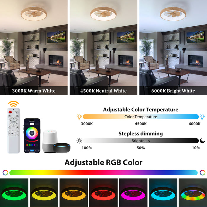 20in Dimmable LED RGB Woodgrain Smart Ceiling Fan with Light and Voice/App/Remote Control