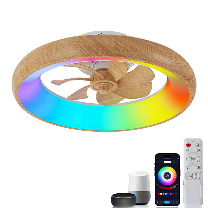 20in Dimmable LED RGB Woodgrain Smart Ceiling Fan with Light and Voice/App/Remote Control