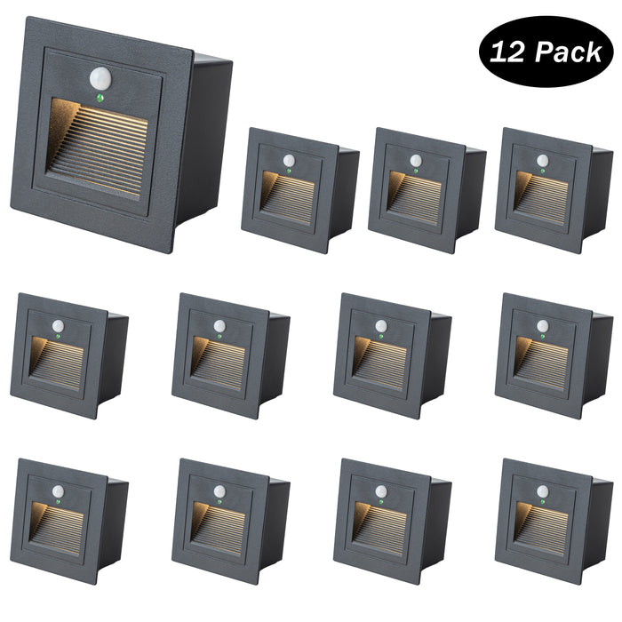 Black Aluminum Hardwired Motion Sensing Outdoor Deck Step Light with glass Lens(12-Pack)