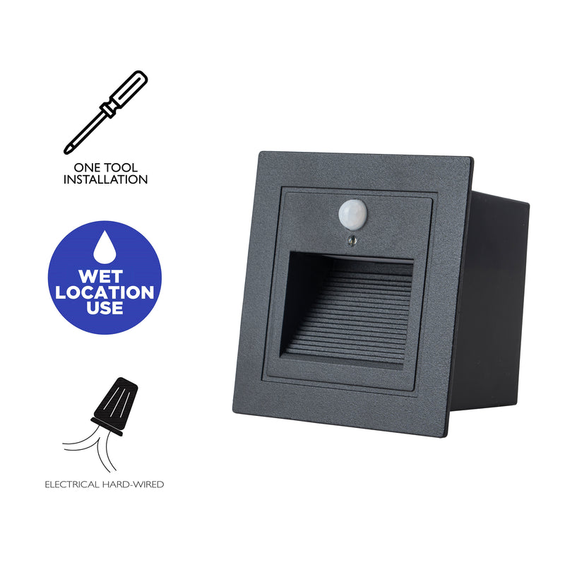 Black Aluminum Hardwired Motion Sensing Outdoor Deck Step Light with glass Lens(12-Pack)