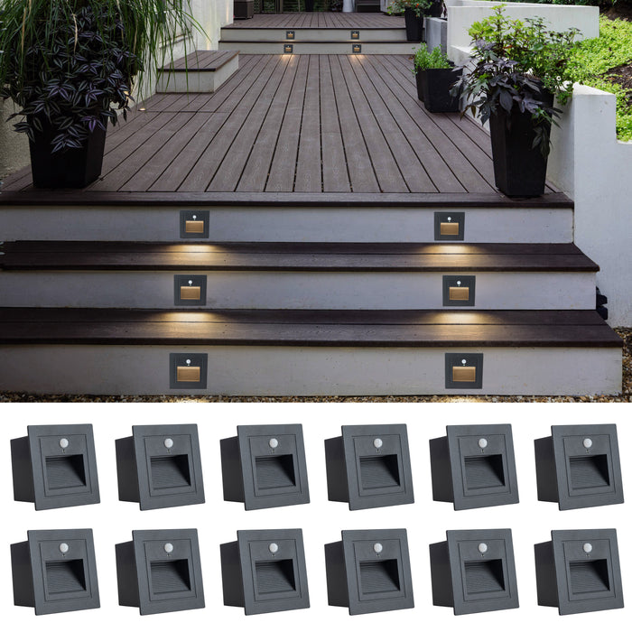 Black Aluminum Hardwired Motion Sensing Outdoor Deck Step Light with glass Lens(12-Pack)
