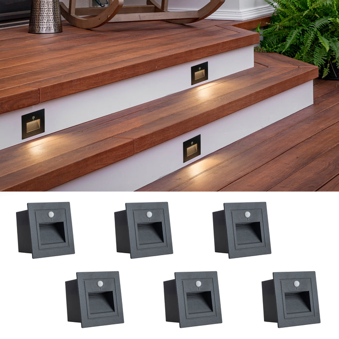 Black Aluminum Hardwired Motion Sensing Outdoor Deck Step Light with glass Lens(6-Pack)
