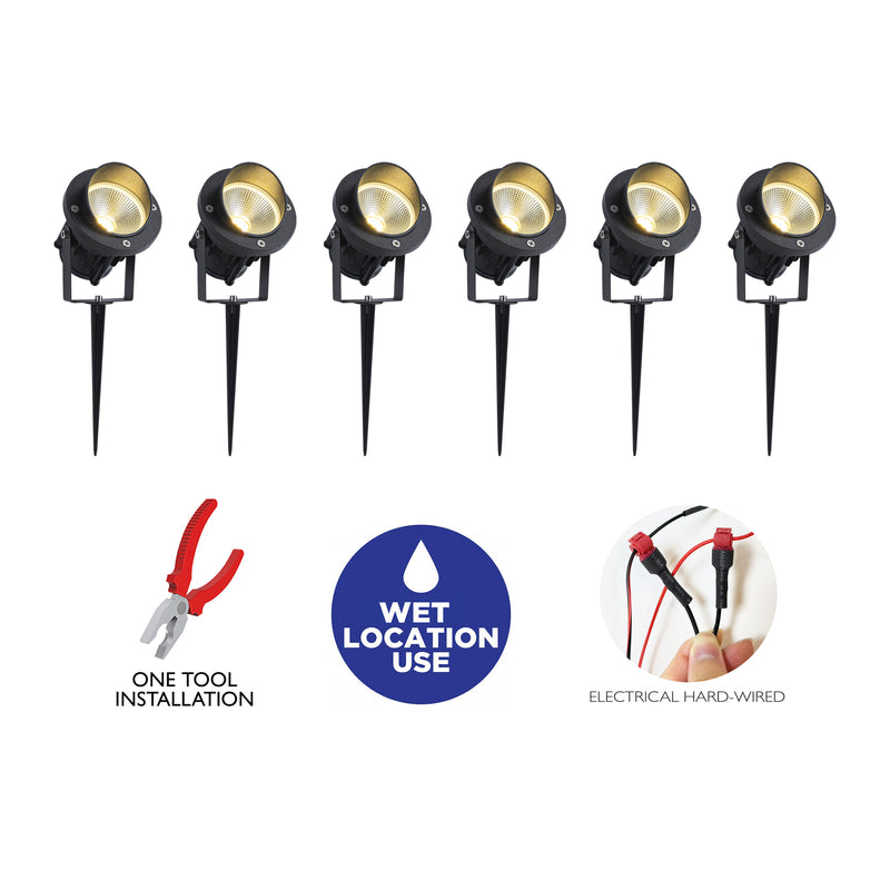 6-Pack Matte Black Outdoor LED Landscape Spotlight with Ground Stakes for Garden Pathway and Courtyard