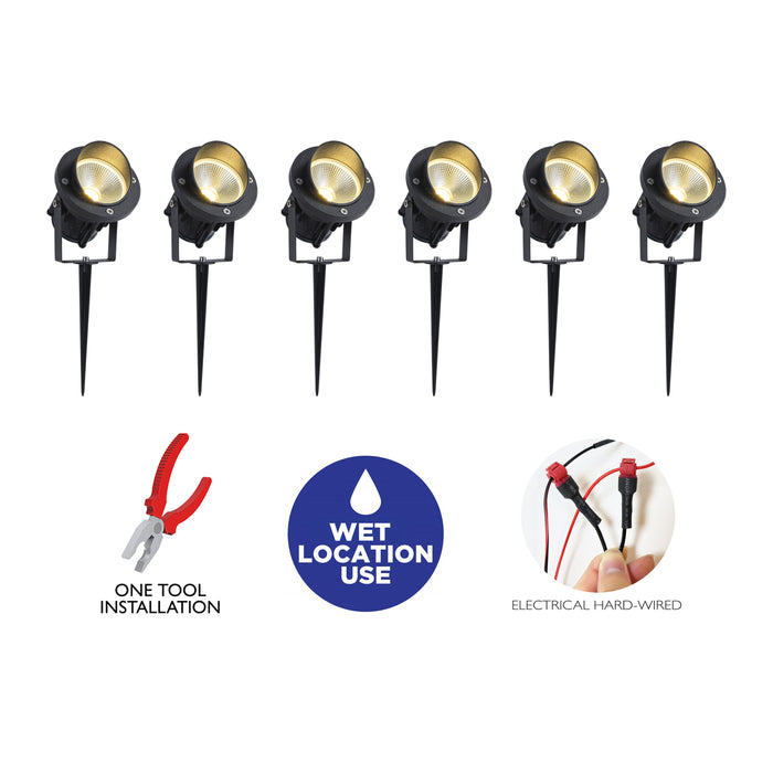 6-Pack Matte Black Outdoor LED Landscape Spotlight with Ground Stakes for Garden Pathway and Courtyard