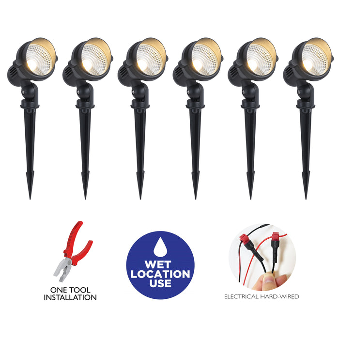 6-Pack Outdoor LED Landscape Spotlight with Ground Stakes for Garden Pathway and Courtyard