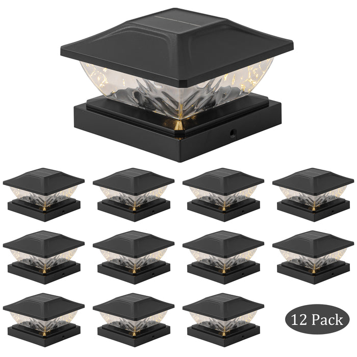 Black Solar LED Outdoor Post Cap Lights with Hammered Lens (12-Pack)