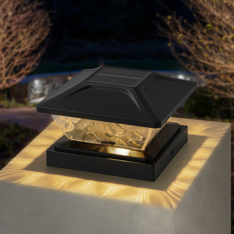 Black Solar LED Outdoor Post Cap Lights with Hammered Lens (12-Pack)