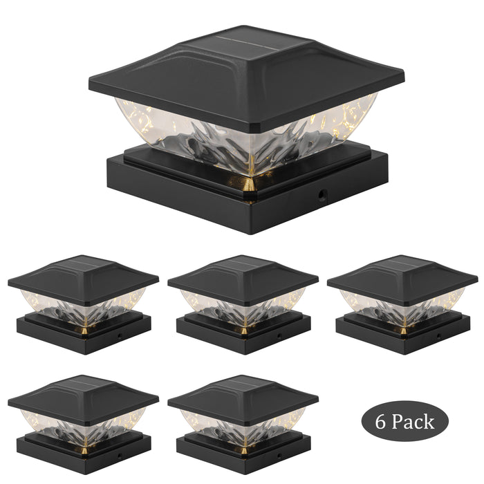 Black Solar LED Outdoor Post Cap Lights with Hammered Lens (6-Pack)