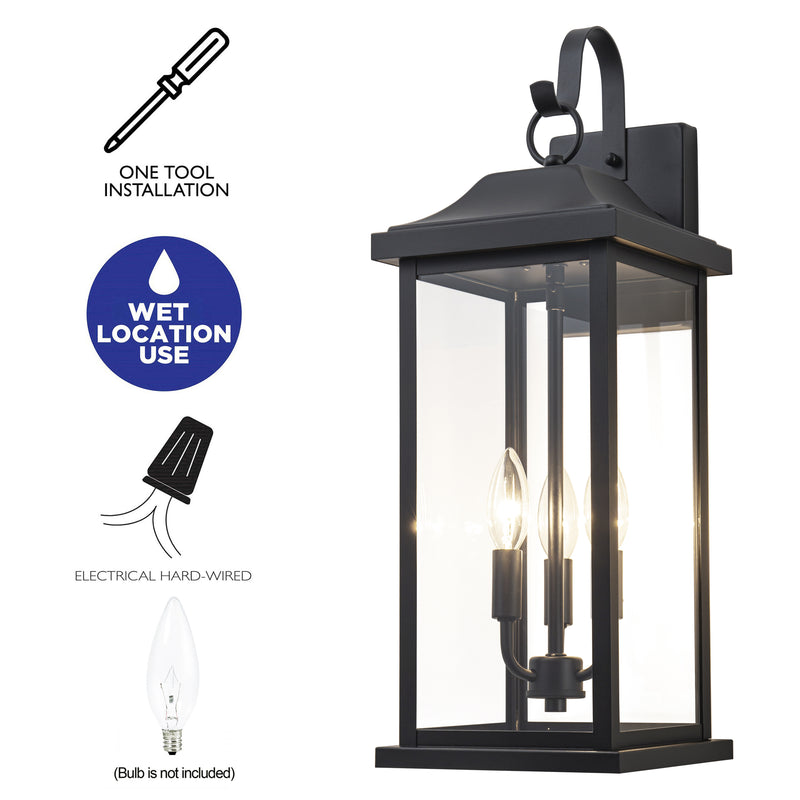 22” Large Matte Black Outdoor Wall Lights With Clear Tempered Glass