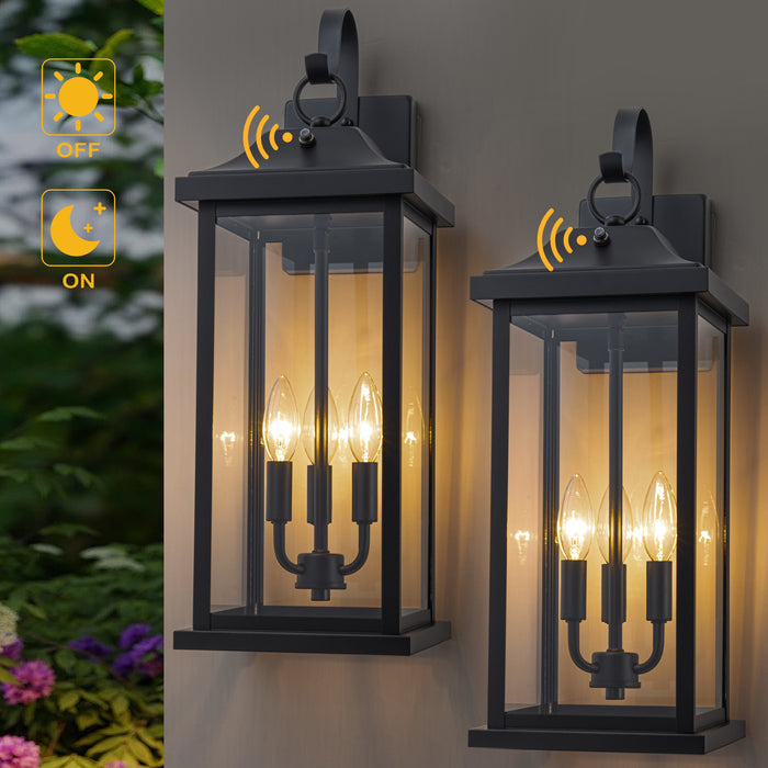 22” 2 Pack Large Matte Black Dusk to Dawn Outdoor Wall Lights With Clear Tempered Glass