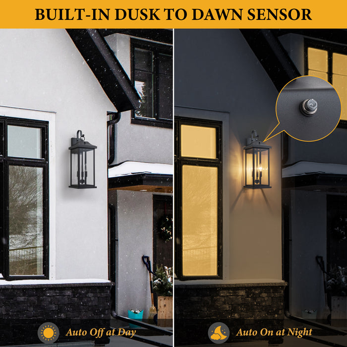 22” 2 Pack Large Matte Black Dusk to Dawn Outdoor Wall Lights With Clear Tempered Glass