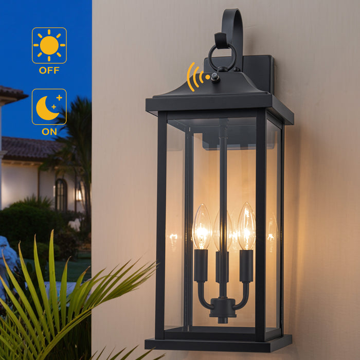 22” Large Matte Black Dusk to Dawn Outdoor Wall Lights With Clear Tempered Glass