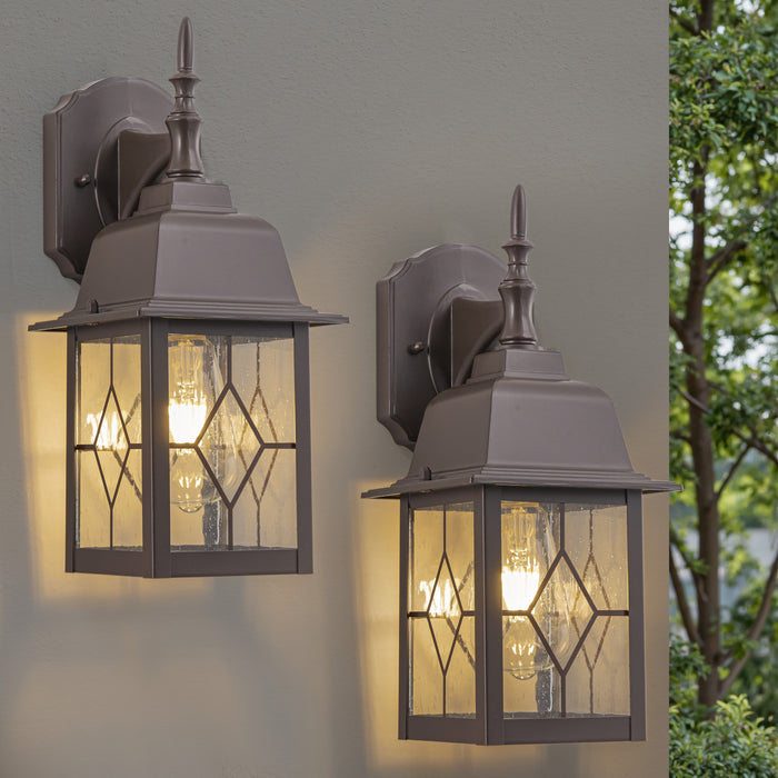 2-Pack 14in Oil-Rubbed Bronze Outdoor Wall Lantern with Seeded Glass for Porch, Patio, or Garage