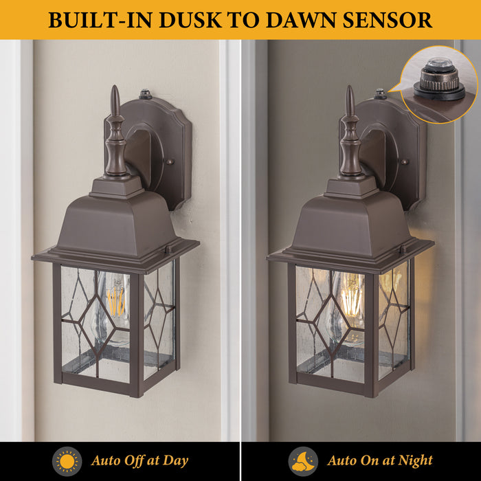 2-Pack 14in Oil-Rubbed Bronze Dusk to Dawn Outdoor Wall Lantern with Seeded Glass Shade