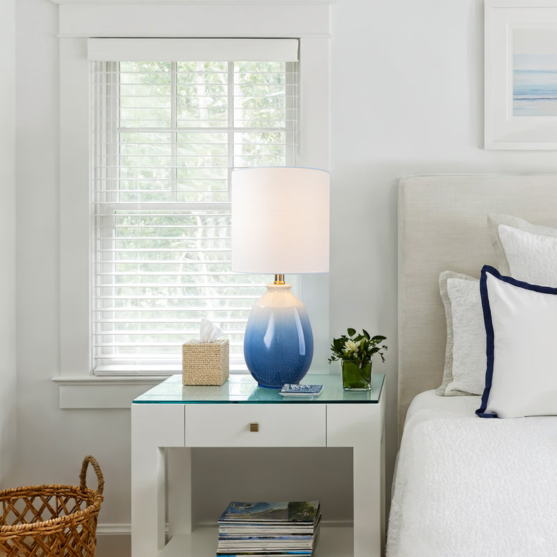 C Cattleya 19in. Gradient Blue Ceramic Table Lamp with White Linen Shade and Brushed Nickel Lamp Neck