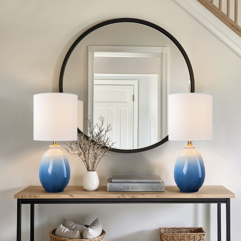C Cattleya 19in. Gradient Blue Ceramic Table Lamp with White Linen Shade and Brushed Nickel Lamp Neck