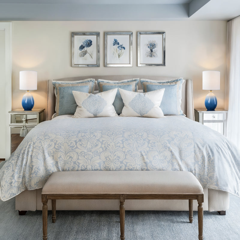 C Cattleya 19in. Gradient Blue Ceramic Table Lamp with White Linen Shade and Brushed Nickel Lamp Neck