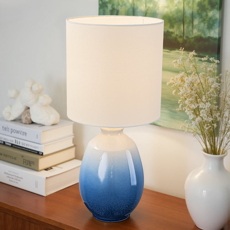 C Cattleya 19in. Gradient Blue Ceramic Table Lamp with White Linen Shade and Brushed Nickel Lamp Neck