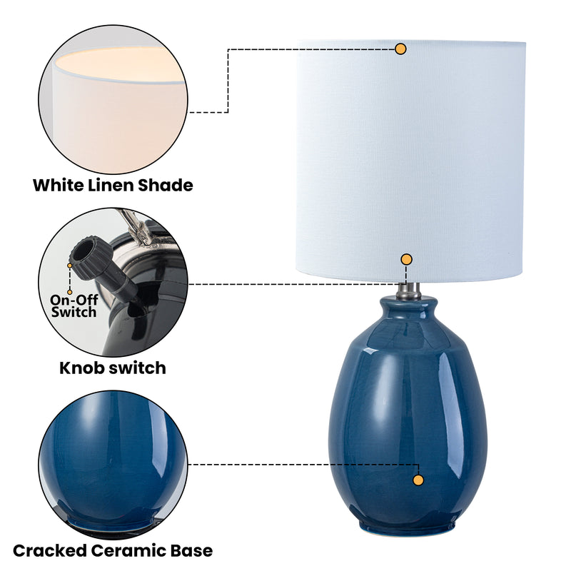 C Cattleya 19in. Cobalt Blue Crackle Glaze Ceramic Table Lamp with White Linen Shade and Brushed Nickel Lamp Neck