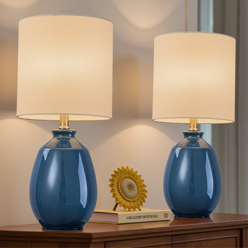 C Cattleya 19in. Cobalt Blue Crackle Glaze Ceramic Table Lamp with White Linen Shade and Brushed Nickel Lamp Neck