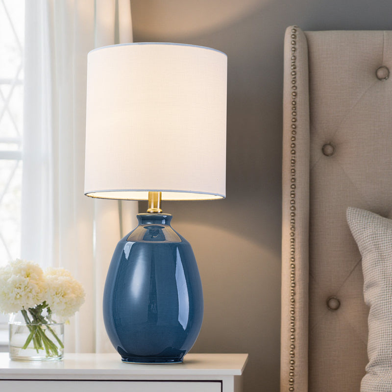 C Cattleya 19in. Cobalt Blue Crackle Glaze Ceramic Table Lamp with White Linen Shade and Brushed Nickel Lamp Neck