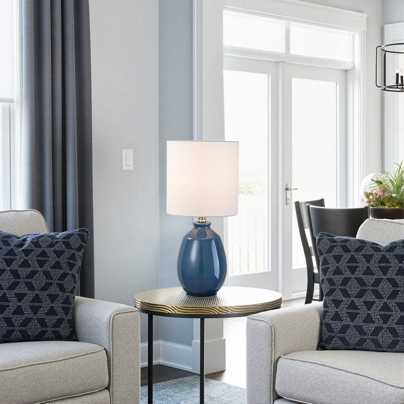 C Cattleya 19in. Cobalt Blue Crackle Glaze Ceramic Table Lamp with White Linen Shade and Brushed Nickel Lamp Neck