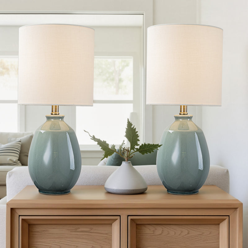 C Cattleya 19in. Celadon Green Crackle Glaze Ceramic Table Lamp with Yellow Linen Shade and Brass Finish Lamp Neck