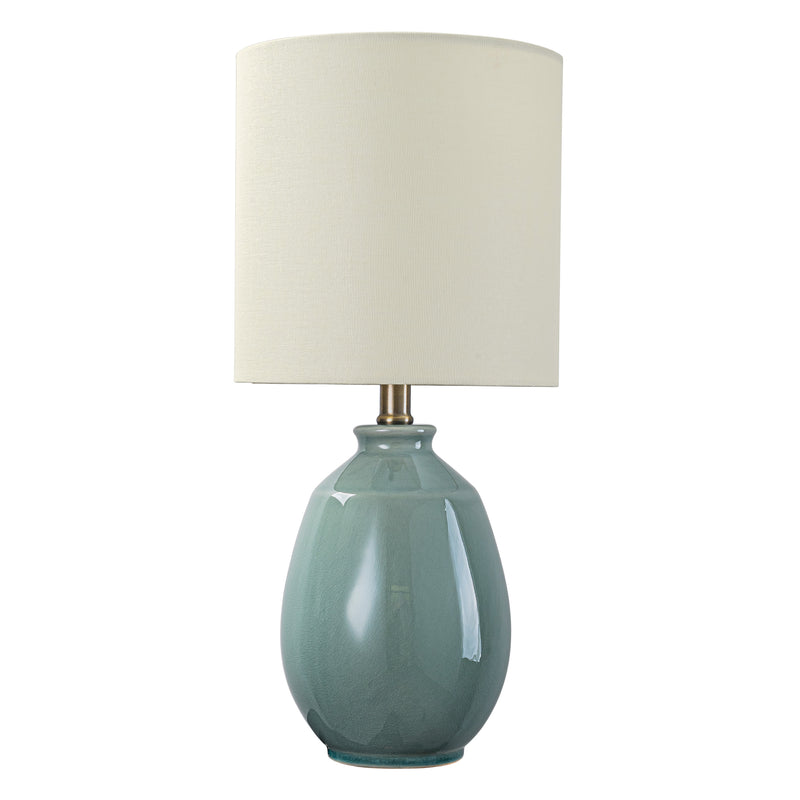 C Cattleya 19in. Celadon Green Crackle Glaze Ceramic Table Lamp with Yellow Linen Shade and Brass Finish Lamp Neck