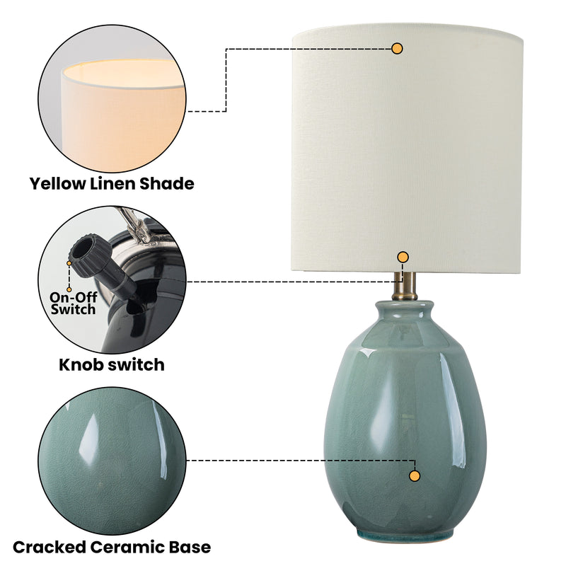 C Cattleya 19in. Celadon Green Crackle Glaze Ceramic Table Lamp with Yellow Linen Shade and Brass Finish Lamp Neck