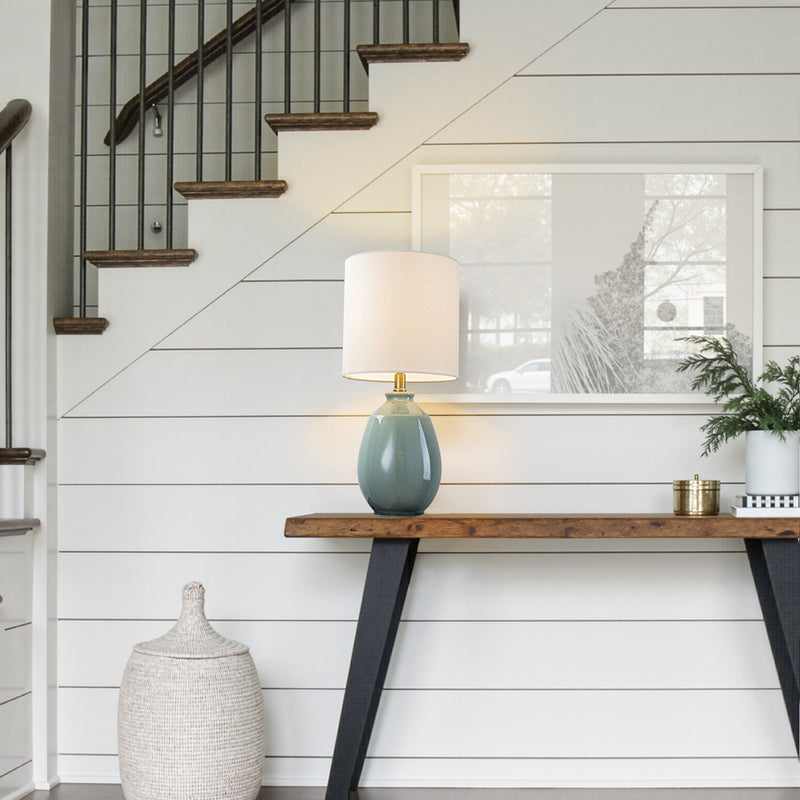 C Cattleya 19in. Celadon Green Crackle Glaze Ceramic Table Lamp with Yellow Linen Shade and Brass Finish Lamp Neck