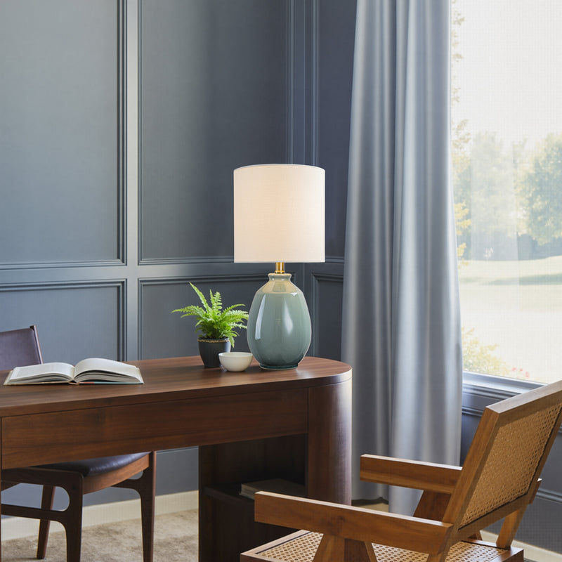 C Cattleya 19in. Celadon Green Crackle Glaze Ceramic Table Lamp with Yellow Linen Shade and Brass Finish Lamp Neck