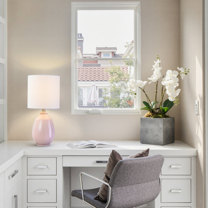 C Cattleya 19in. Pink Ceramic Table Lamp with White Linen Shade and Brushed Nickel Lamp Neck