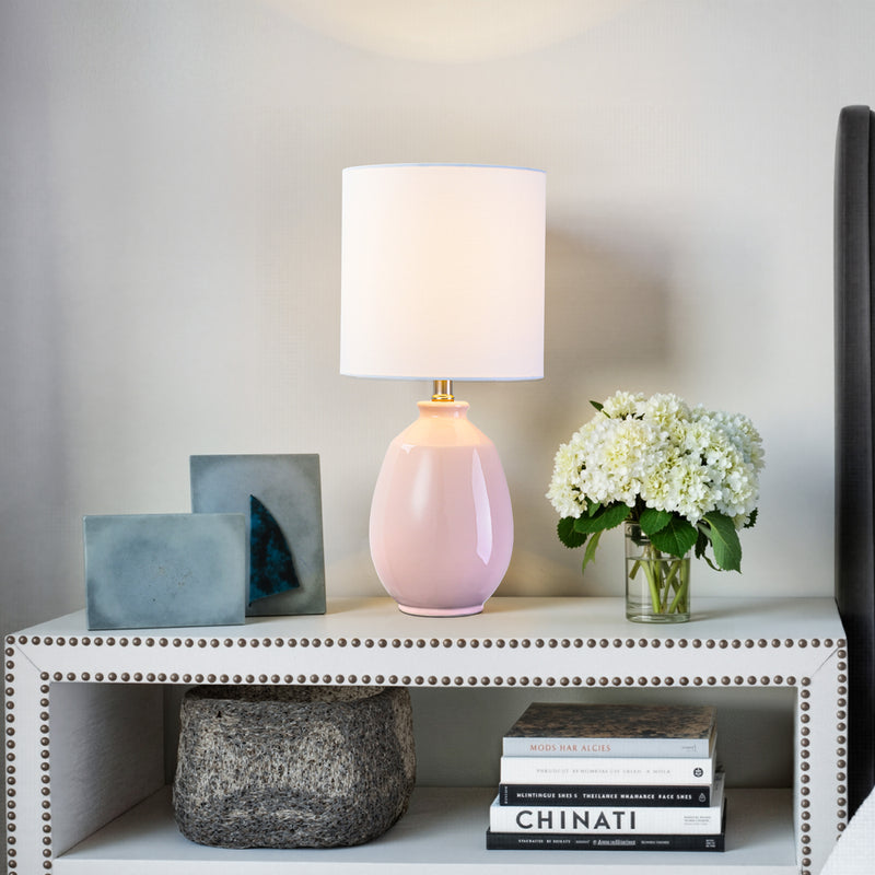 C Cattleya 19in. Pink Ceramic Table Lamp with White Linen Shade and Brushed Nickel Lamp Neck