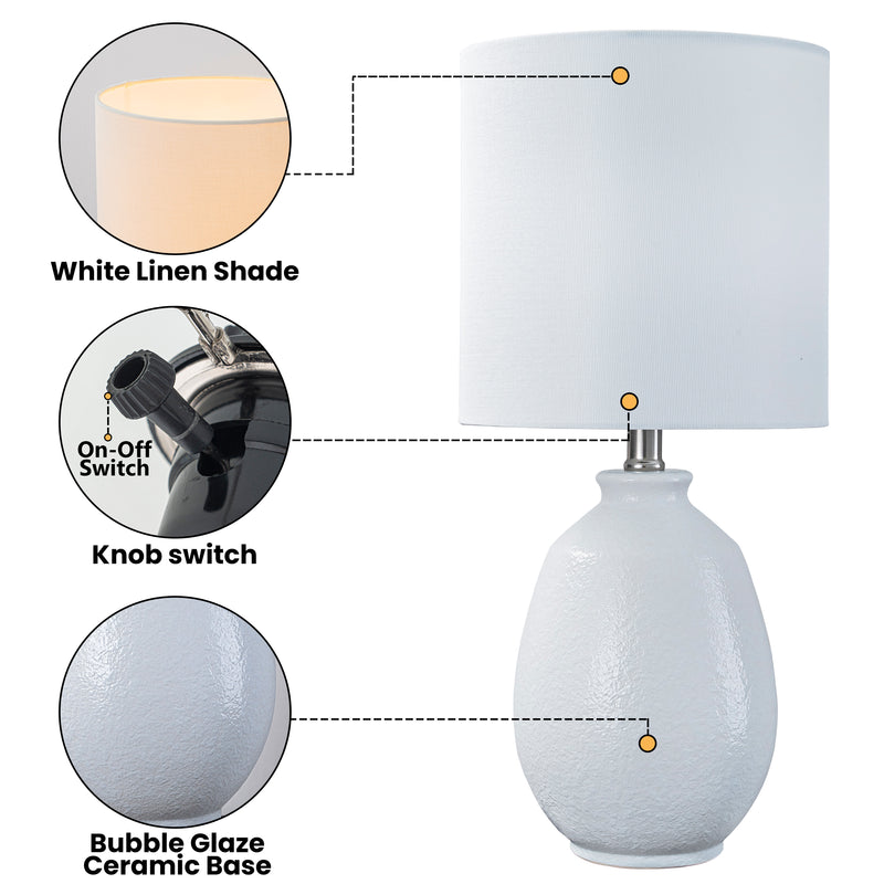 C Cattleya 19in. White Bubble Glaze Ceramic Table Lamp with White Linen Shade and Brushed Nickel Lamp Neck