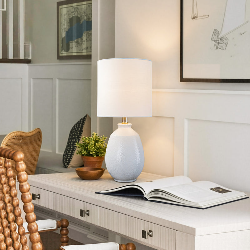C Cattleya 19in. White Bubble Glaze Ceramic Table Lamp with White Linen Shade and Brushed Nickel Lamp Neck