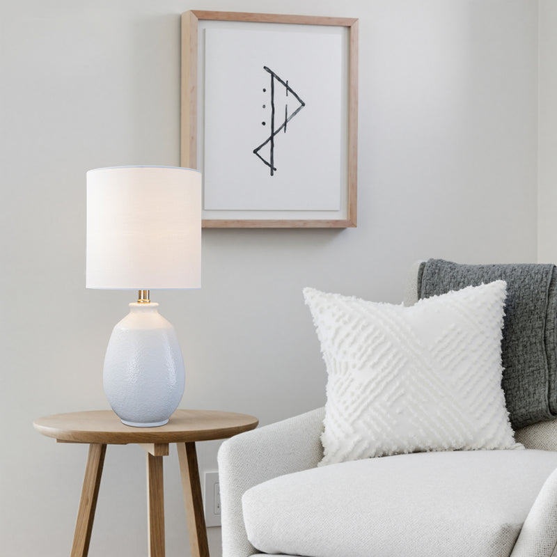 C Cattleya 19in. White Bubble Glaze Ceramic Table Lamp with White Linen Shade and Brushed Nickel Lamp Neck