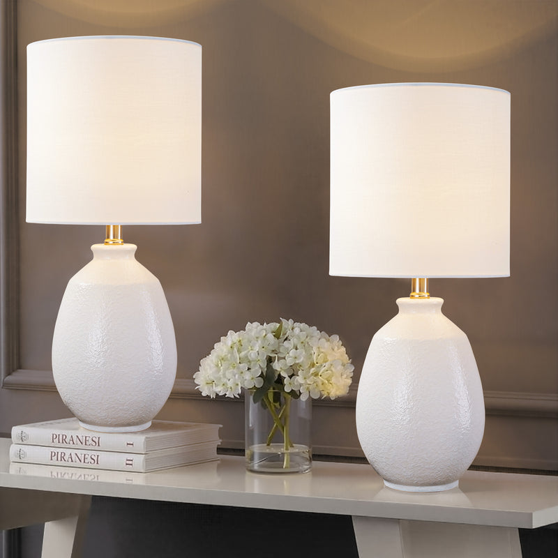 C Cattleya 19in. White Bubble Glaze Ceramic Table Lamp with White Linen Shade and Brushed Nickel Lamp Neck