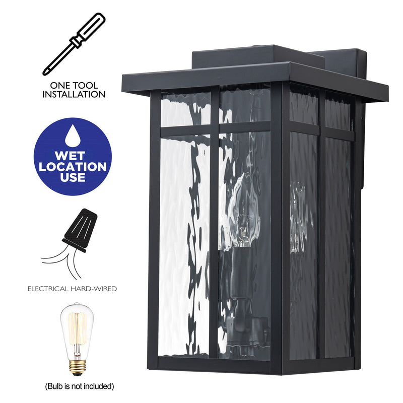 13.5 in. Matte Black Outdoor Hardwired Wall Lantern Sconces with Water Glass, No Bulbs Included (1-Pack)