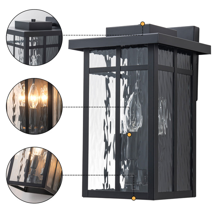 13.5 in. Matte Black Outdoor Hardwired Wall Lantern Sconces with Water Glass, No Bulbs Included (1-Pack)