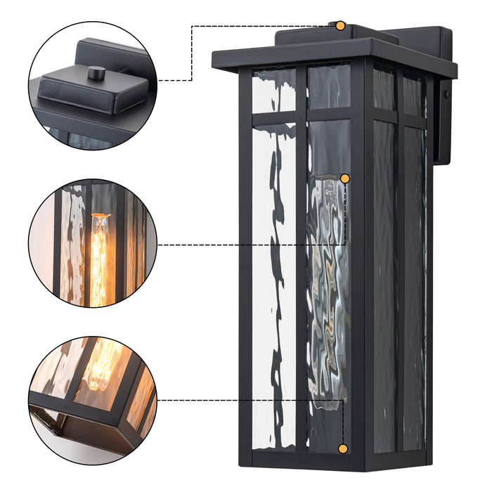 15 in. Matte Black Outdoor Hardwired Wall Lantern Sconces with Water Glass, No Bulbs Included (2-Pack)